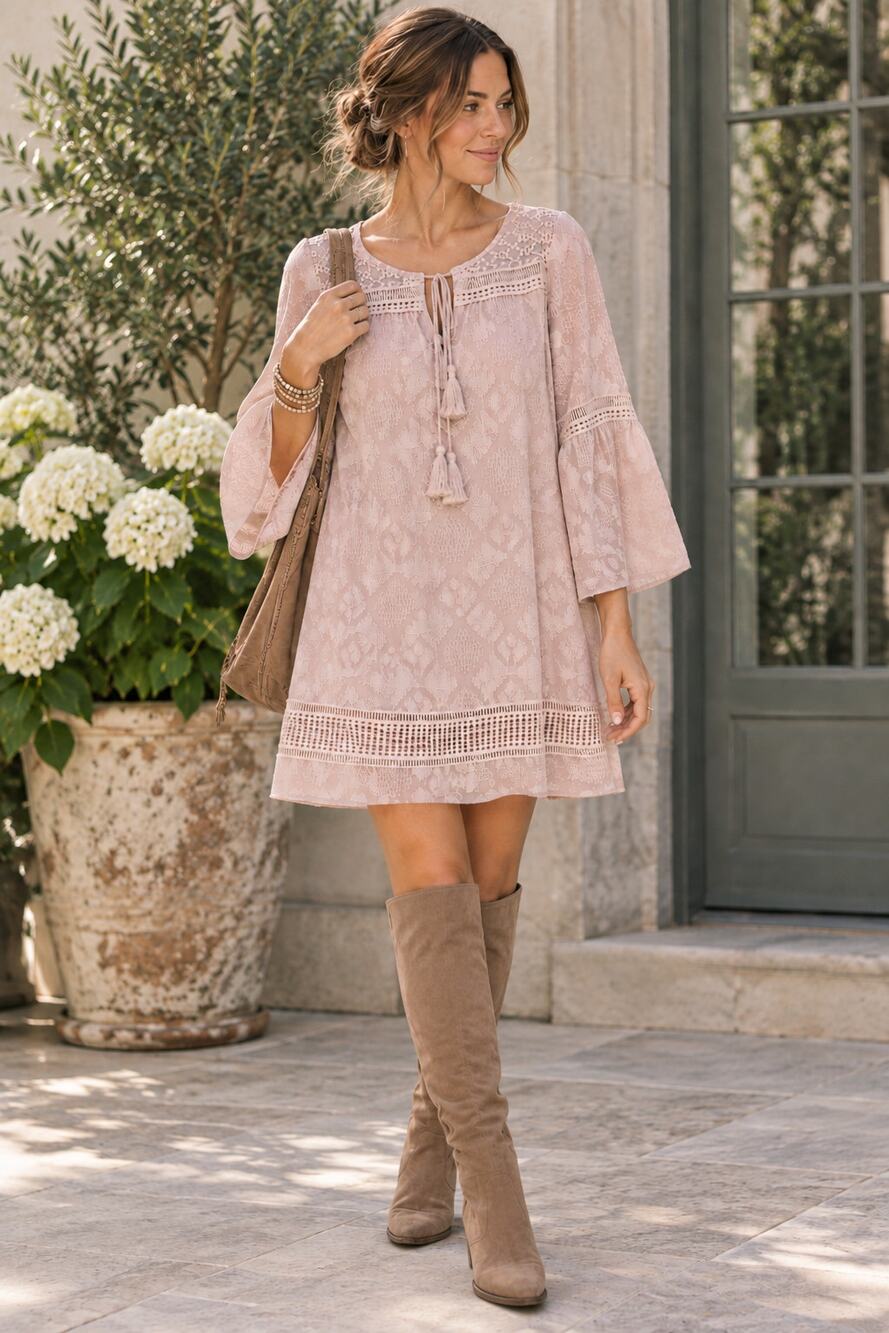 Anthropologie Floreat Blush Lace Bell Sleeve Tunic Dress 14 Boho